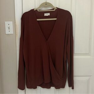 Lou & Grey Long Sleeve Wrap Top in Rusty Maroon